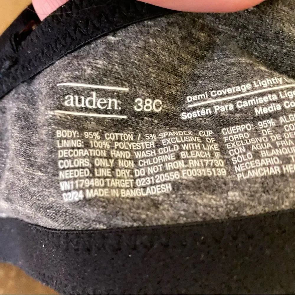 Auden Tee Shirt Bra Size 38C Demi Coverage Lightly Lined Heather Gray and Black